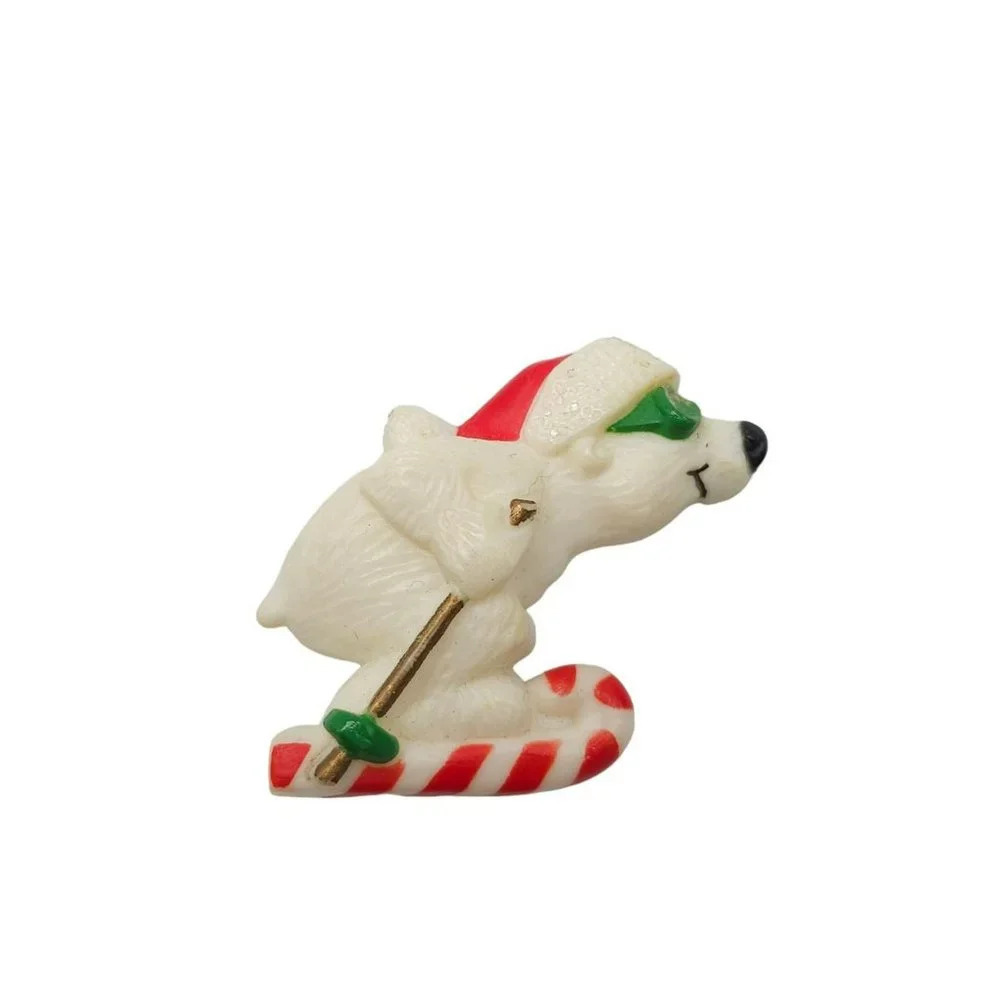 Hallmark Green Red Plastic Skiing Polar Bear Christmas Brooch Pin Vintage